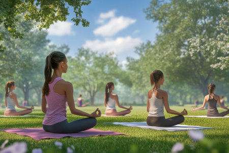Several people participate in a yoga session on mats in a vibrant park, enjoying a calm sunny day.の写真素材