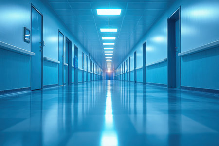 Bright, clean hospital corridor features blue walls and polished floors, leading to distant light.の写真素材