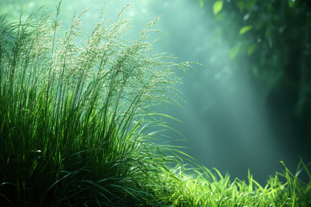 Soft rays of sunlight illuminate lush green grass in a tranquil forest at early morning.の写真素材