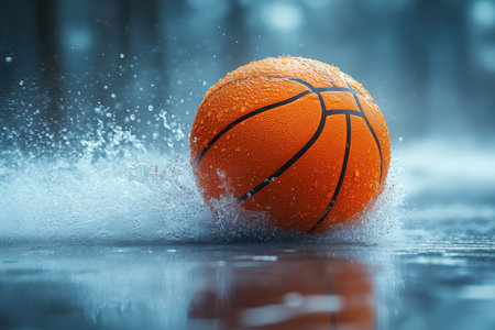 Rainwater splashes as a bright orange basketball rolls on a wet surface in a park.の写真素材