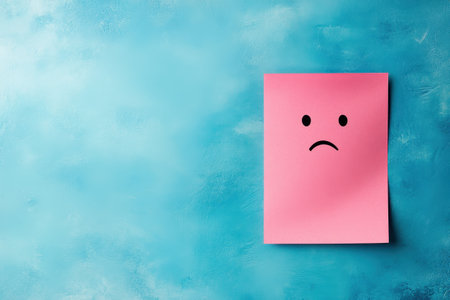 A pink sticky note featuring a sad face expression is placed on a blue textured surface.の写真素材