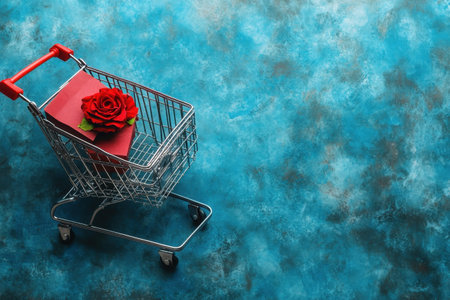 A metal shopping cart holds a bright red rose and a wrapped gift box against a blue textured backdrop.の写真素材