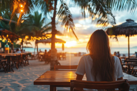 A person enjoys a peaceful evening at a beachside restaurant while watching a vibrant sunset.の写真素材