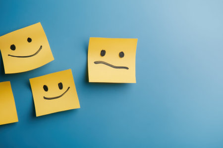 Colorful sticky notes display various expressions, showing emotions in a creative work environment.の写真素材