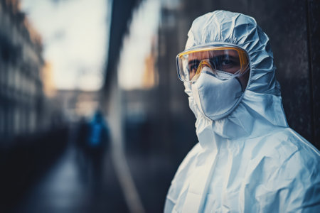 A medical professional dressed in protective gear stands alert in an urban setting on a cloudy day.の写真素材
