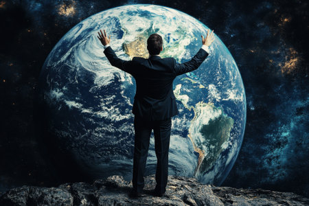 A man stands on a rocky surface, gazing at Earth from space, arms open, embracing the vast universe around him.の写真素材