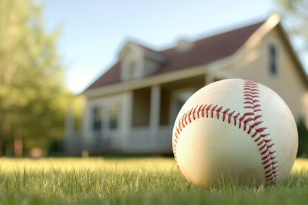 A baseball sits on the grass outside a charming suburban home under clear skies in daylight.の写真素材