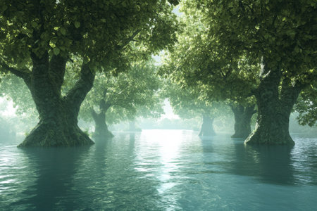 Majestic trees rise from serene waters, creating a peaceful atmosphere at dawn under gentle light.の写真素材