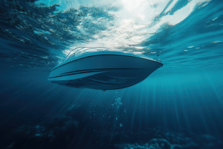 A motorboat floats beneath a sparkling blue ocean, sunlight streaming down in a serene atmosphere.の写真素材