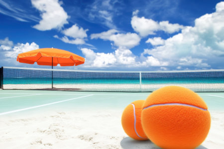 Two orange tennis balls are situated on a sandy court near a beautiful beach under a clear sky.の写真素材