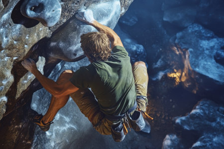 A climber ascends a difficult bouldering route inside a cave, surrounded by rugged rocks and shadows.の写真素材