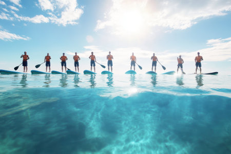 Several individuals stood on paddle boards, enjoying the warm sun and clear blue water in a tropical setting.の写真素材