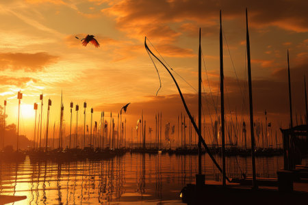 Golden sunset reflections on calm water, silhouetting sailboats and birds against a vibrant sky.の写真素材