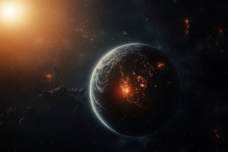 Earth is bathed in sunlight, showing vibrant landscapes against a backdrop of stars and cosmic elements.の写真素材