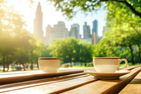 Two cups of coffee rest on a wooden table surrounded by trees, with a city skyline in the background.の写真素材