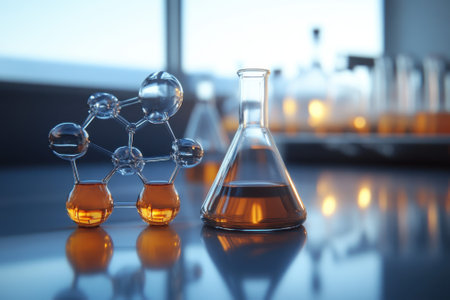 Laboratory setup shows a glass flask and molecular model with orange liquid, reflecting a scientific exploration.の写真素材