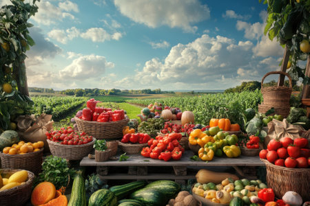 Fresh vegetables and fruits are arranged in baskets with a scenic landscape backdrop on a sunny day.の写真素材