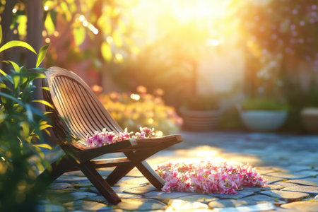 A wooden garden chair is adorned with colorful flower petals in a sunlit garden filled with blooming plants.の写真素材