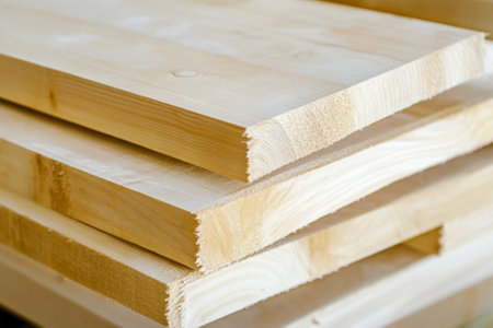 Wooden planks stacked neatly, showing smooth surfaces perfect for various construction and DIY projects.の写真素材
