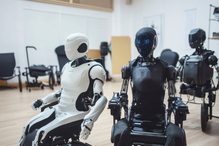 Three humanoid robots are positioned in a sleek workspace, showcasing advanced designs and features.の写真素材