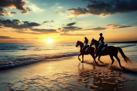 Two riders on horseback walk along the shoreline as the sun sets over the horizon, creating a beautiful landscape.の写真素材