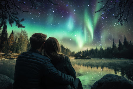 A couple sits side by side, captivated by the stunning auroras reflecting over a peaceful lake surrounded by trees.の写真素材