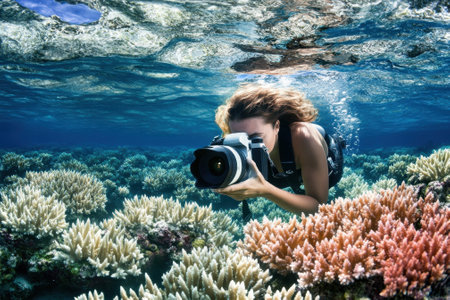 A diver explores a colorful coral reef while photographing marine life under clear blue waters.の写真素材