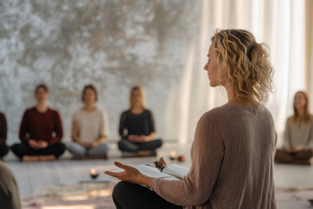 A woman leads a meditation session for a group seated in a calm and peaceful indoor environment.の写真素材