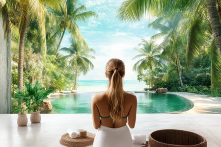 A woman enjoys tranquility at a tropical resort, overlooking a lush pool and palm-fringed beach.の写真素材