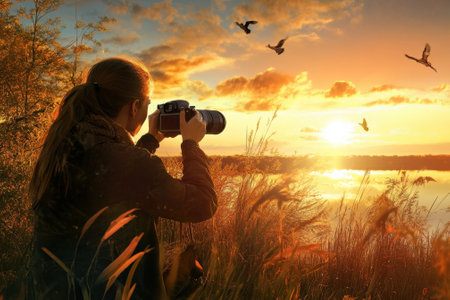 A photographer enjoys the stunning sunset at a lakeside location while birds fly overhead.の写真素材