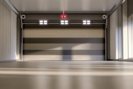 Brightly lit garage interior showcases an open door with a modern design and inviting atmosphere.の写真素材