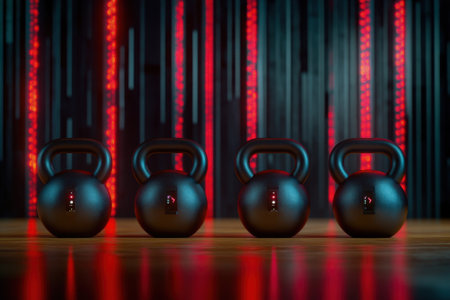Four kettlebells are lined up on a gym floor, illuminated by bright neon lights, creating a dynamic atmosphere.の写真素材