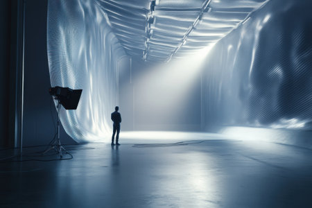 A person stands alone in a vast, well-lit studio, surrounded by reflective walls and an open atmosphere.の写真素材