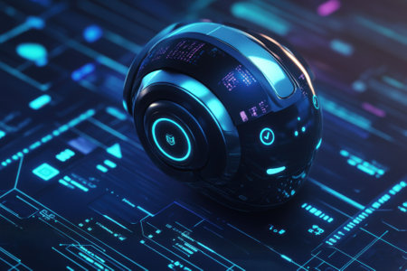 A sleek spherical device glows blue against a dark digital interface filled with circuit designs and patterns.の写真素材