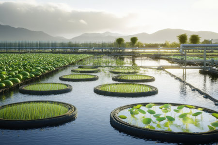Vibrant green rice plants grow on circular platforms in calm waters, framed by distant mountains at dusk.の写真素材
