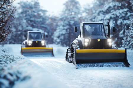 Two snow plows clear a snow-covered road through a tranquil, winter forest landscape.の写真素材