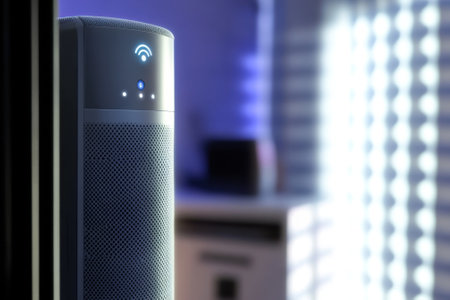 A smart speaker is prominently placed in a stylish living room with soft lighting and modern decor features.の写真素材