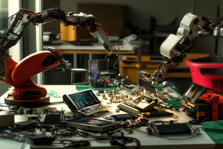 Robotic arms work diligently to assemble various electronic parts in a bright workspace filled with devices.の写真素材