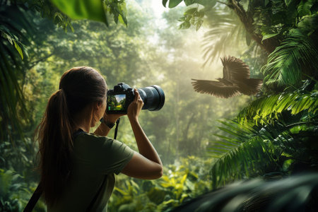 A photographer focuses on a bird in a lush tropical rainforest as sunlight filters through the leaves.の写真素材