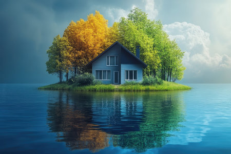 A cozy house sits on a small island, encircled by colorful trees, mirrored in calm blue waters under a cloudy sky.の写真素材