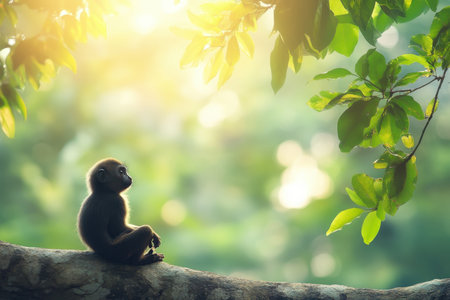 A curious young monkey perches on a branch, basking in the warm glow of the setting sun among the leaves.の写真素材
