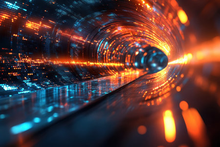 A stunning tunnel shines with blue and orange light, showing beautiful digital patterns and reflections.の写真素材