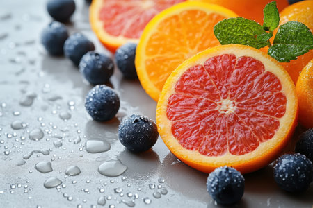 Slices of vibrant oranges and red grapefruits are beautifully arranged with blueberries and water droplets.の写真素材