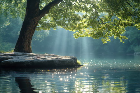 Sunlight streams through leaves, illuminating calm waters next to a majestic tree in the early morning.の写真素材