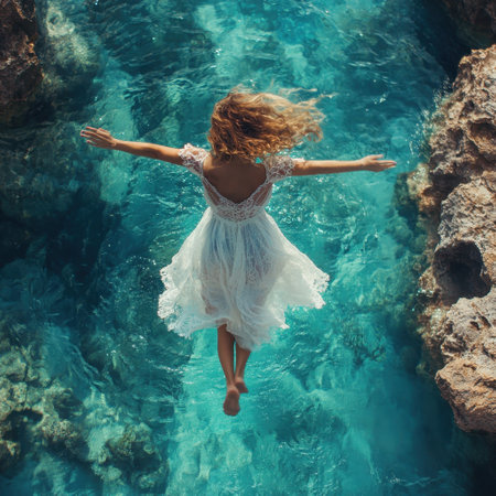 A woman in a delicate white dress leaps above vibrant water, surrounded by stunning rock formations.の写真素材