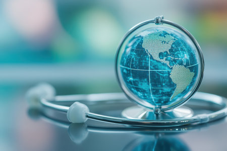 The globe represents worldwide health, displayed alongside a stethoscope in a bright environment.の写真素材