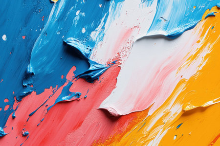 Bright swirls of blue, pink, yellow, and white paint create a dynamic abstract texture on canvas.の写真素材