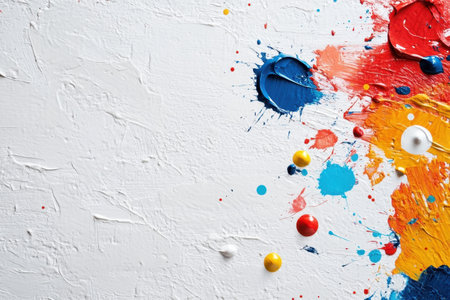 Bright splashes of paint in various colors spread across a textured white canvas, showing creativity.の写真素材