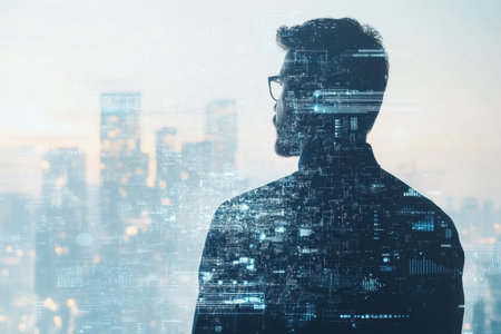 A silhouette of a man contemplates the vibrant city skyline, surrounded by flowing digital data at twilight.の写真素材