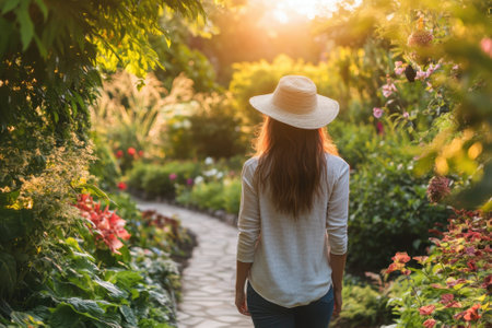 A woman strolls along a stone path in a vibrant garden, enjoying the warm glow of sunset.の写真素材